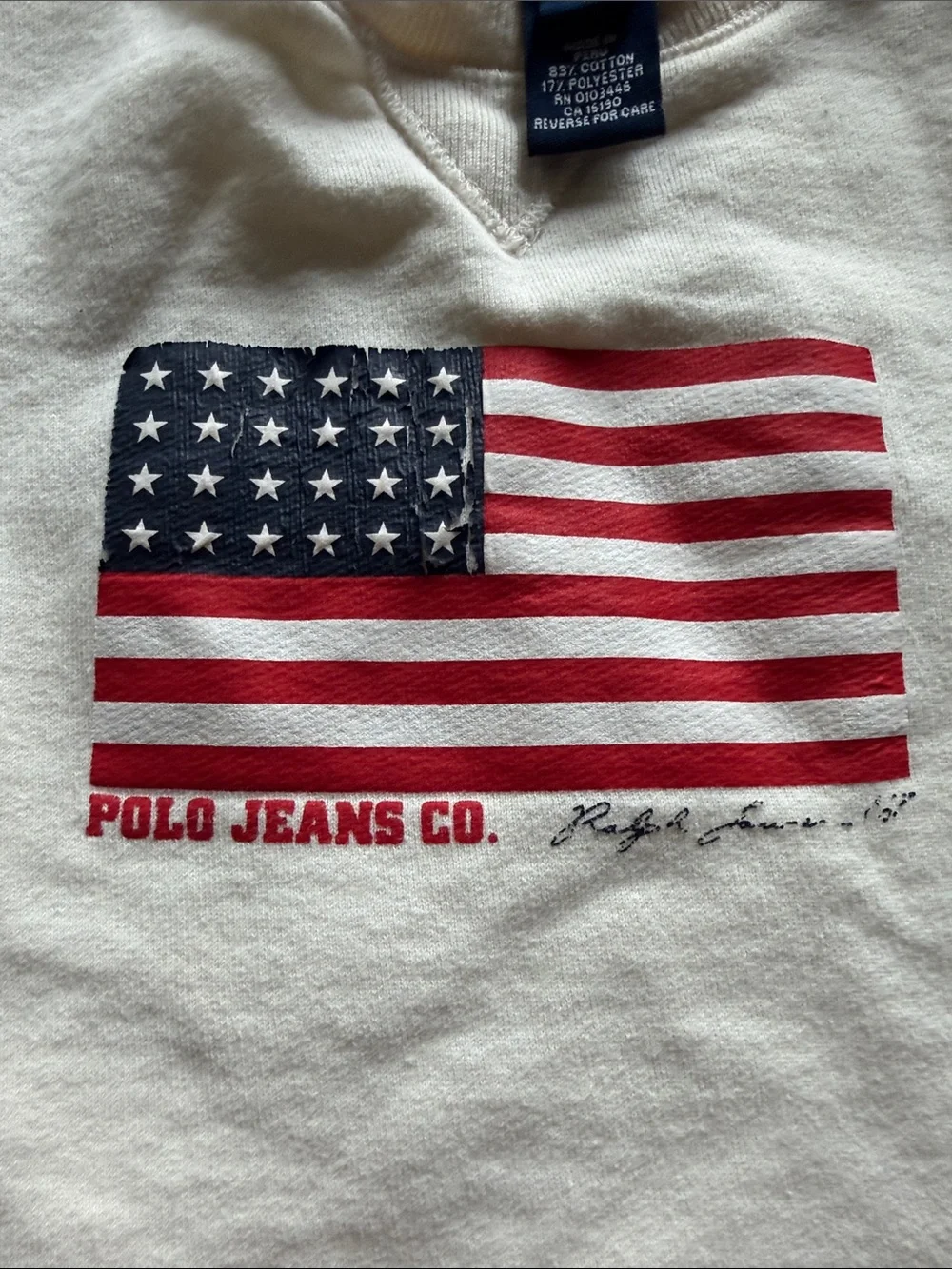 B41 Y2K 5t Ralph Lauren Cream Long Sleeve Sweatshirt with American Flag Patch